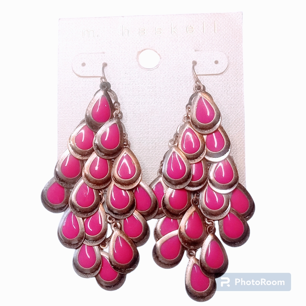 New M. Haskell Chandelier Earrings Pink & Bronze.